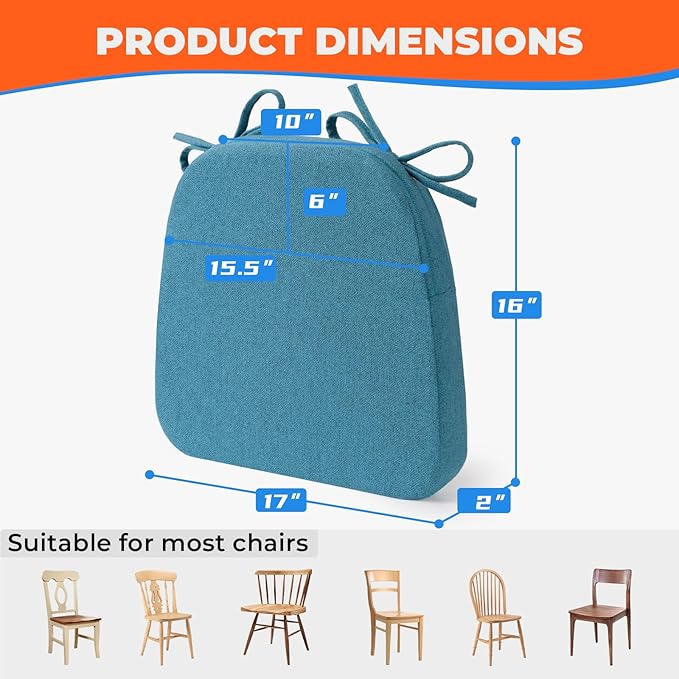 Sunsleek Chair Cushions for Dining Chairs, D-Shaped Seat Cushions with Removable Washable Cover and Ties, Chair Pads for Kitchen, Indoor Dining Room, Patio Chairs, 17'' x 16'', Set of 4, Blue