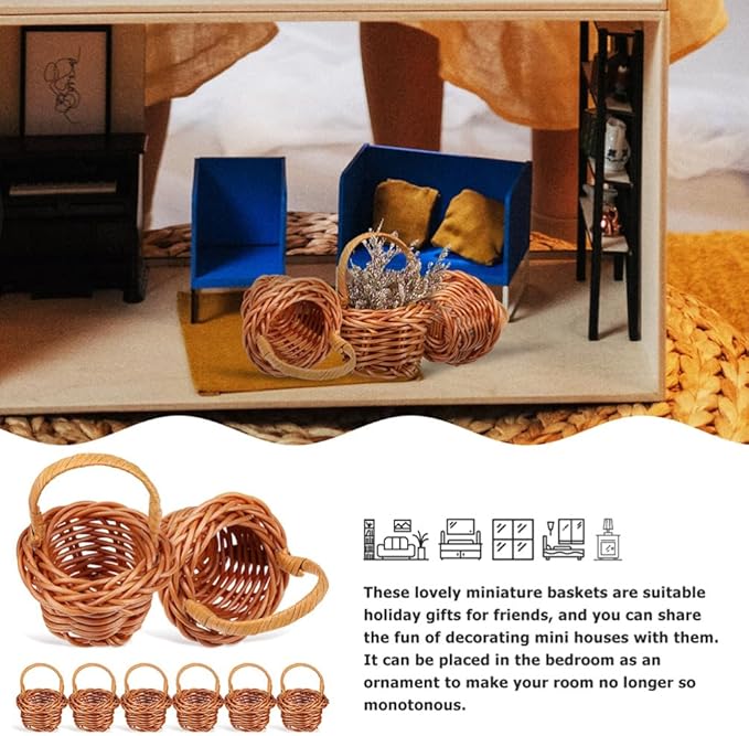 Cabilock 12pcs Mini Woven Basket with Handles Miniature Storage Basket Farmhouse Desktop Decorative Accessories for Wedding Party Favors Tree Hanging Ornaments Crafts, Chocolate