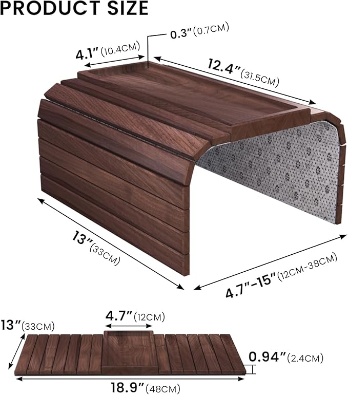 Sofa Arm Tray,Walnut Wood Folding Couch Arm Trays,Sofa Armrest Tray with Anti-Slip Pad for Drinks,Snacks,Phone,Remote Control