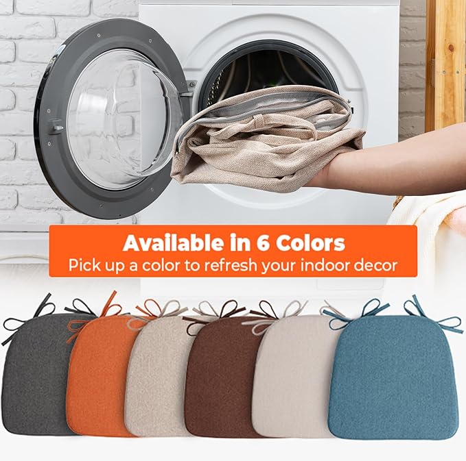 Sunsleek Chair Cushions for Dining Chairs, D-Shaped Seat Cushions with Removable Washable Cover and Ties, Chair Pads for Kitchen, Indoor Dining Room, Patio Chairs, 17'' x 16'', Set of 6, Khaki