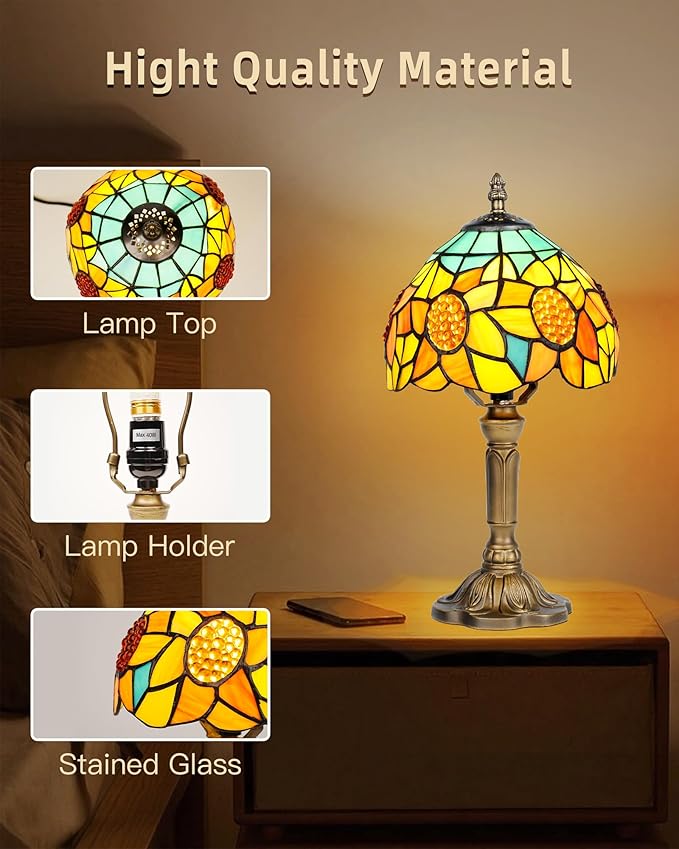 Sunflower Tiffany Style Table Lamp with LED Bulb, 8 Inch Handmade Stained Glass Light, Antique Desk & Bedside Lamp for Living Room, Bedroom, Study, Art Decor Gift