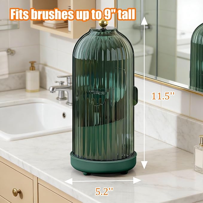 JEESA Toothbrush Holder Organizer, with Drainage Holes, with Dustproof Cover, 360 Rotating, 3 Slots, for Bathroom Countertop, Green