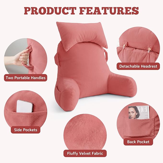 Unisakey Portable Reading Pillows with Headrest for Bed Sitting Up(Dark Pink Oeko-Tex), Velvet Back Pillow with Arms & Pockets for Adults, Support Memory Foam Bed Pillow for Dorm/Watching/Gaming