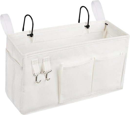 Loghot Bedside Caddy/Bedside Storage Bag Hanging Organizer for Bunk and Hospital Beds,Dorm Rooms Bed Rails,Can be Placed Glasses,Books,Mobile Phones,Keys (White)