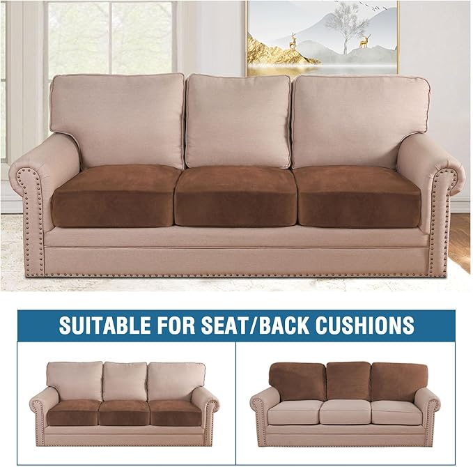 H.VERSAILTEX Velvet Stretch Couch Cushion Cover Plush Cushion Slipcover for Chair Loveseat Sofa Cushion Furniture Protector Seat Cushion Sofa Cover (3 Piece XL Sofa Cushion Covers, Caramel Cafe)