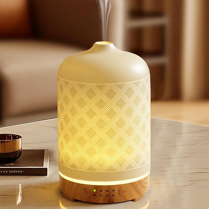 Essential Oil Diffuser Ceramic Diffuser -Aromatherapy Diffuser for Essential Oils with Timer and 7 Colors LED Light Ultrasonic Diffuser with Auto Shut-Off, Home Office Decor&Gift (White-200ml)