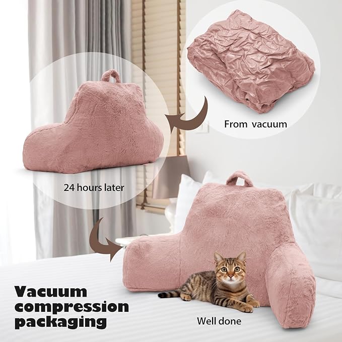 Reading Pillow for Sitting in Bed Adult, Standard Reading Pillow with Memory Foam, Back Pillow for Bed Sitting Up with Extend Arms, Pink