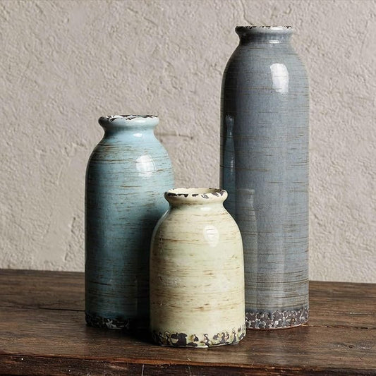 Morandi Ceramic Vase Set of 3 – Handmade Pottery Vases, Glazed Vintage Decor for Living Room, Table Centerpiece & Modern Rustic Home Styling