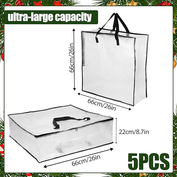 5 Pack Clear Christmas Wreath Storage Container, 26" Large Plastic Garland Container, Large Square Gift Bag Storage Organizer, Garland Decor Organizer， Clear Storage Bags for Xmas Seasonal Wreath