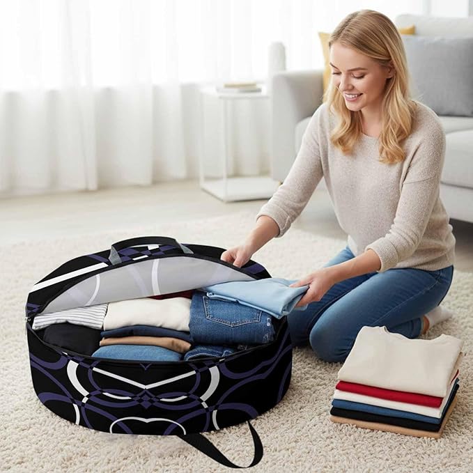 Storage Bag Blue Black Geometric Circle Round Storage Totes Bins Closet Organizers with Zippers & Handle Modern Abstract Lines Clothes Storage Container for Bedroom Dorm Space Saving Packing Supplies