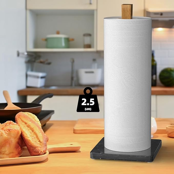 Buruis Wood Paper Towel Holder, Marble Base Modern Decorative Countertop Standing Rolls Holder for Kitchen, Toilet, Pantry and Bathroom (Square Marble Base Black)
