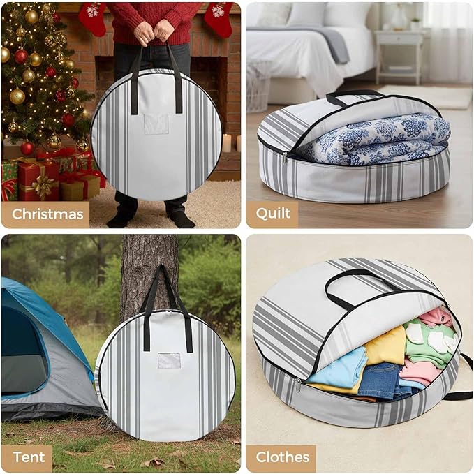 Storage Bag Gray Stripes Round Storage Totes Bins Closet Organizers with Zippers & Handle Simple Style Clothes Storage Container for Bedroom Dorm Space Saving Packing Supplies Moving Bags