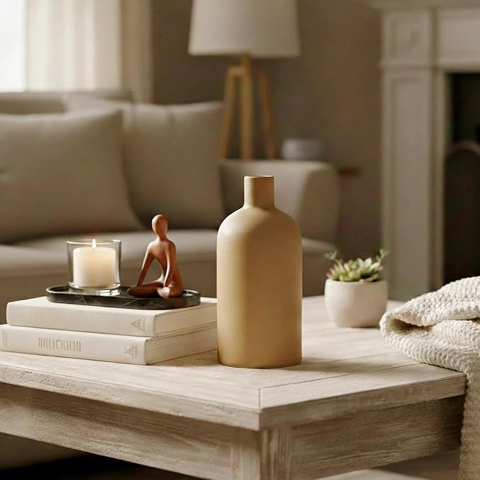 Neutral Boho Ceramic Brown Decorative Vase, Modern Matte Minimalist Vases for Shelf, Coffee Table, Living Room & Fireplace Mantel Decor