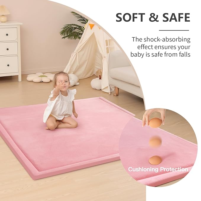 Huloo Sleep Ultra Soft Baby Play Mat for Floor,1.3" Thick Elasti-Foam 47x47 Play Mat for Playpen,Water-Repellent Coral Velvet for Tummy Time, Non-Slip Backing Safe for Toddlers & Infants（Pink）