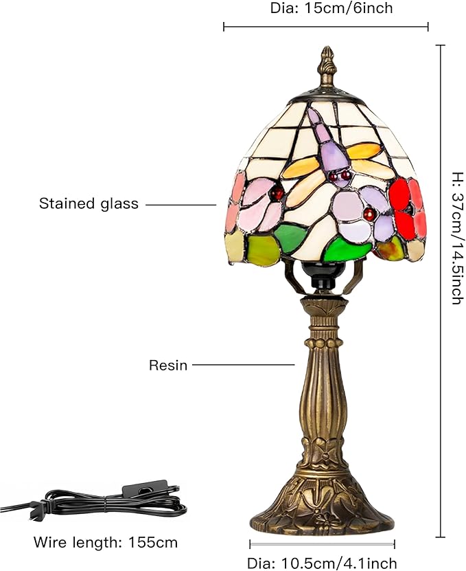 Small Tiffany Style Table Lamp, 5" Antique Stained Glass Lamp, Desk Bedside Table Night Lamp for Bedroom, Living Room, Office, Handcrafted Light (Dragonfly & Flower)