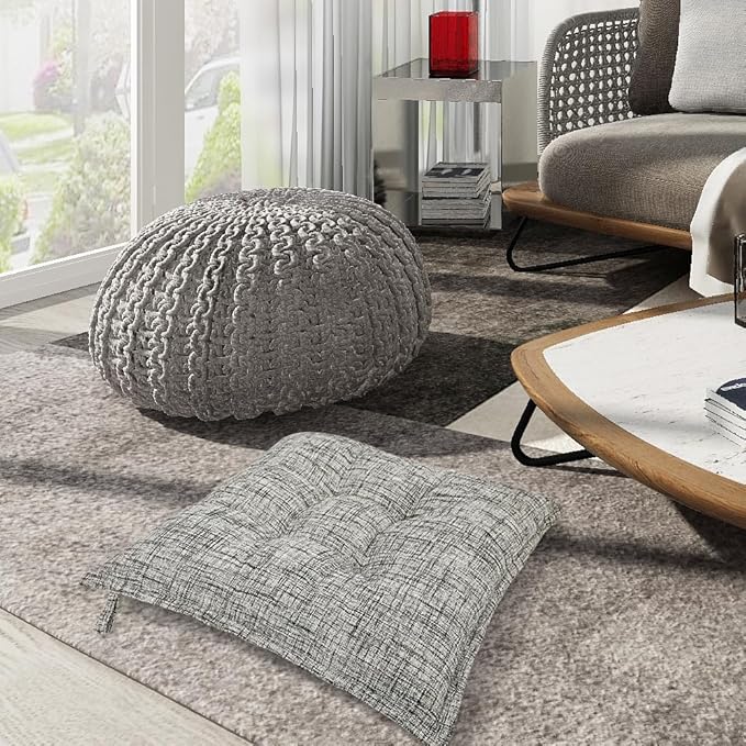 SINSOSSO Large Floor Pillows 22", Thickened Bite-Size Memory Foam Square Non-Slip Cushions for Office Back Support/Yoga/Chair Seat, Fashionable Color-Blocked Fabric & Washable, White-Gray, 2 PCS
