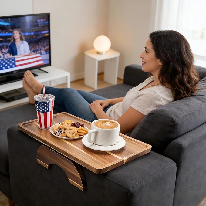 Acacia Wood Sofa Arm Tray, Folding Clip-On Couch Arm Tray, Sofa Armrest Trays for Drinks, Snacks, Phone, Remote Control