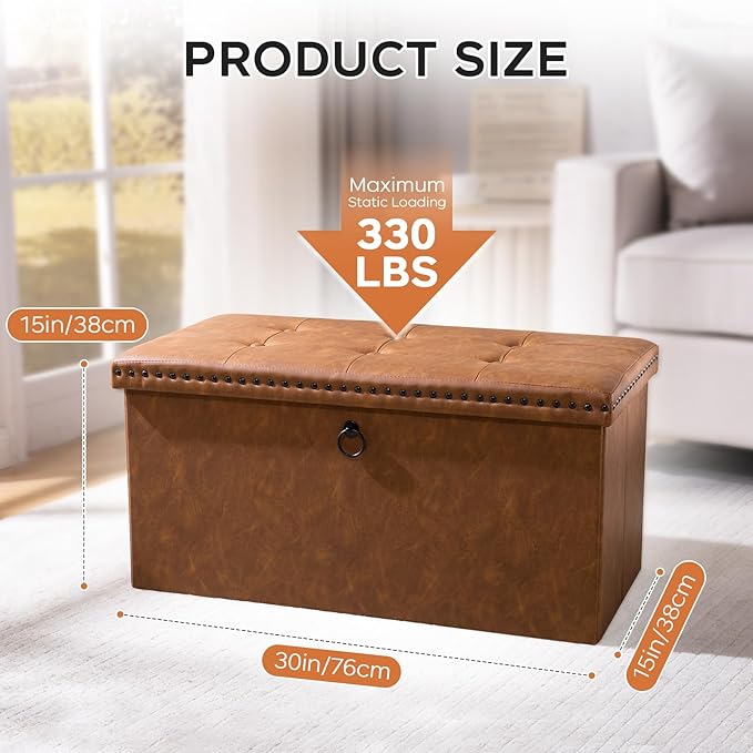oakvivo 30 Inches Folding Storage Ottoman Bench, Ottoman PU Leather Tuffed End of Bed Bench, Foot Rest with Rivet Design, Ottoman with Storage, Load 330 lb, for Living Room, Bedroom, Entryway, Brown