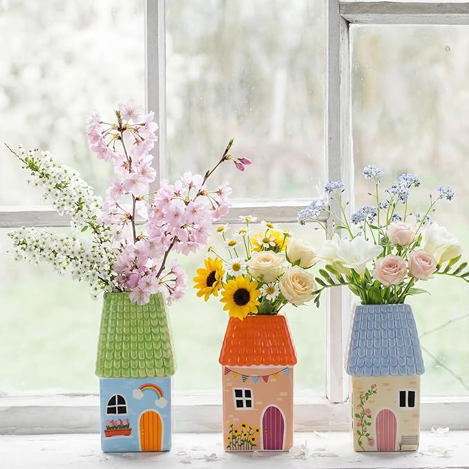 Remerry Ceramic House Shape Vase 2.4 x 3.8 Inch Mini Handmade Vase Decorative Small Flower Container for Living Room Bedroom Farmhouse Home Table Decor Cute Birthday Gift (Orange)