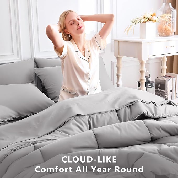 CozyLux Oversized King Comforter Sets French Grey, 7 Pieces Bed in a Bag, Ultra-Soft All Season Bedding Sets with Stitch Quilted Comforter, Flat Sheet, Fitted Sheet, Pillowcases
