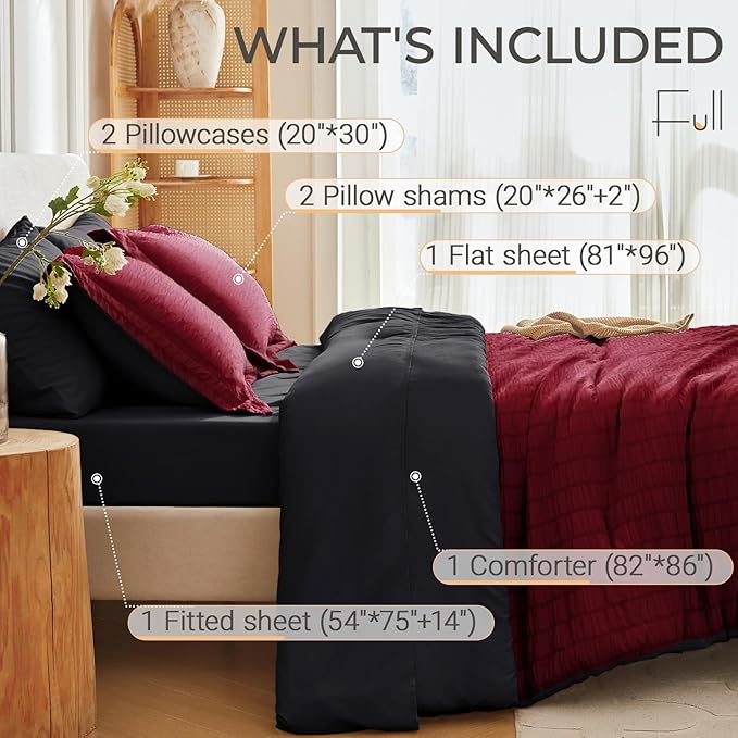 MUXHOMO 7 Pieces Full Comforter Set, Seersucker Bed in a Bag Full Size, All Season Luxury Bedding Set with Comforter, Flat Sheet, Fitted Sheet, Pillowcases & Shams, Red & Black