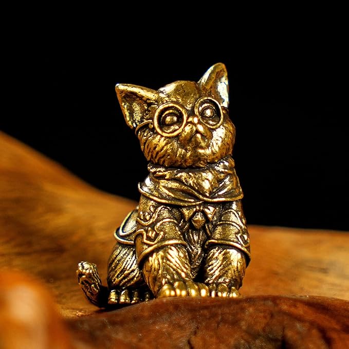 CHOVY Retro Handcrafted Scholarly Cat Ornament - 100% Solid Brass Desk Decor Intellectual Kitten Sculpture with Doctoral Glasses Vintage Style Collectible Art Piece Unique Gift for Cat Lovers