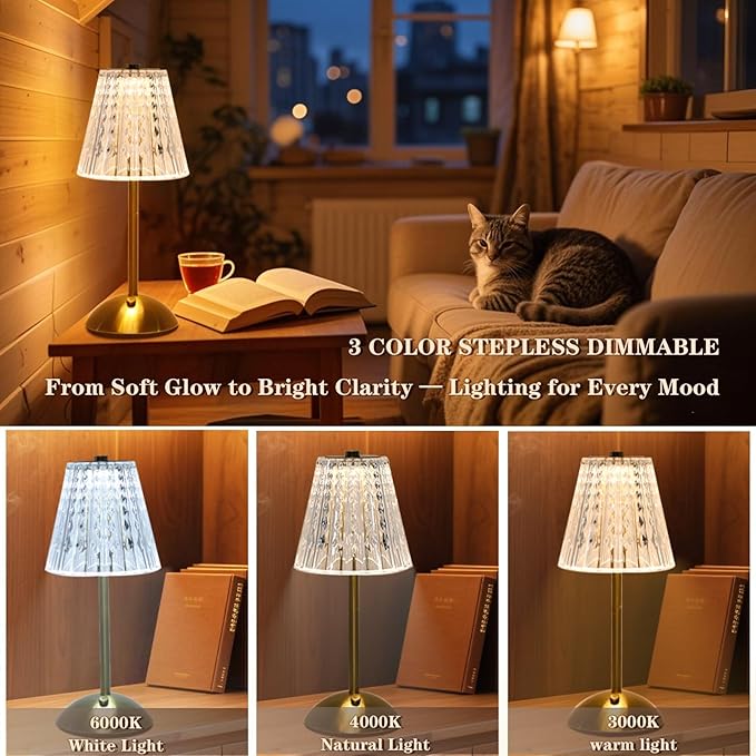 Crystal Table Lamp, 5000mAh Rechargeable Battery Lamp with Touch Control, 3 Color Temperatures, Dimmable Brightness, Matte Aluminum Light for Bedroom/Bar/Kitchen/Outdoor, Gift for Home Décor
