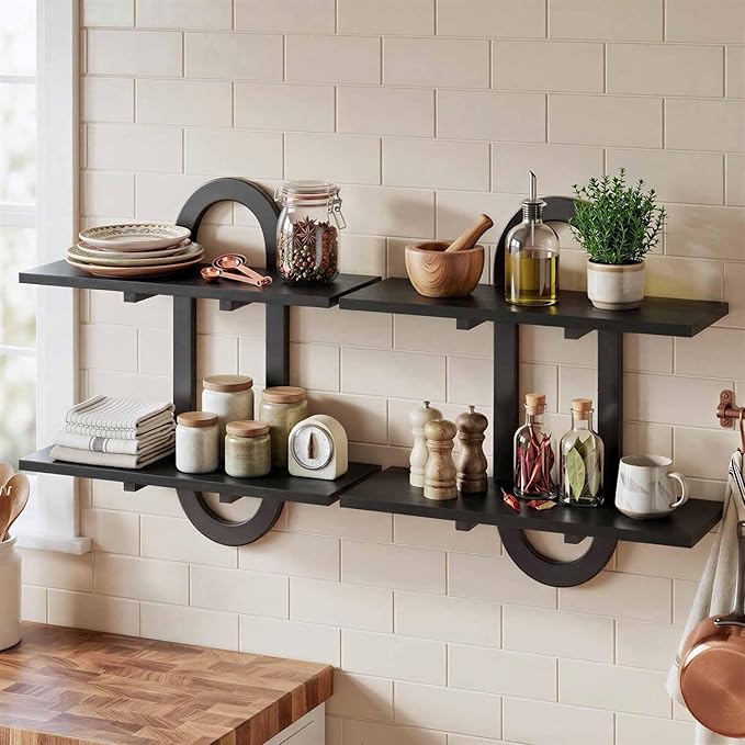 Floating Shelves, 2Pcs Wall Mounted Shelves with 2-Tier Bathroom Hanging Storage Shelves Set for Living Room Bedroom Bathroom Office Kitchen, Black