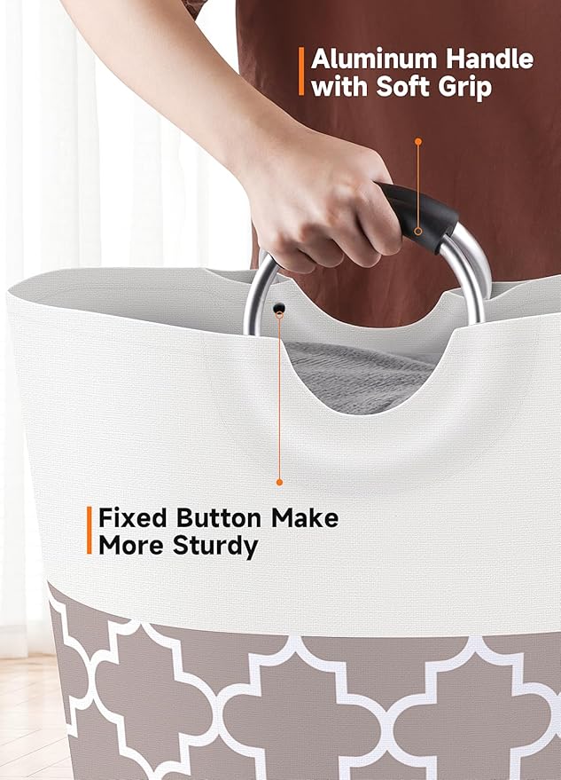 Fabspace Large Laundry Basket Laundry Hamper Bag Washing Bin Clothes Bag Collapsible Tall with Handles Waterproof Travel Bathroom College Essentials Storage for College Dorm, Family (Khaki) 82L