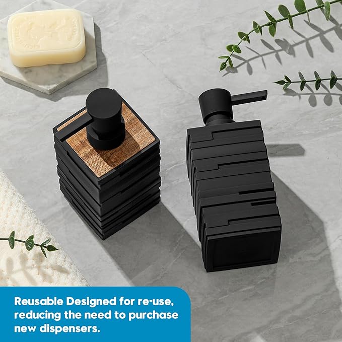 YAUKPH Matte Black Teak Wood Hand Soap Dispenser 10 oz Square for Bathroom and Kitchen Countertops