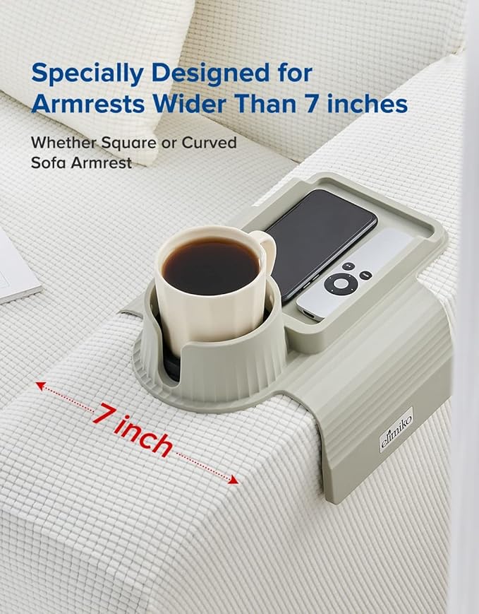 Couch Cup Holder Tray, Elimiko Silicone Sofa Drink Holder with Large Cup Holder and Tray, for Oversized Mugs/Long Remote/Snacks/Cellphone (Griege)