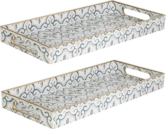 MAONAME White Vanity Tray Set of 2, Plastic Decorative Trays with Handles, Small Moroccan Bathroom Trays for Toilet Tank, Dressr Counter, 13.8" X 6" X 1.57"