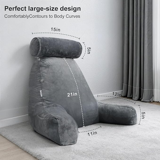 Extra Large Reading Pillow for Sitting in Bed Adult with Detachable Neck Support Cushion & Backrest Pillow for Bed with Arms and Side Pocket Shredded Foam Back Pillow with Washable Cover