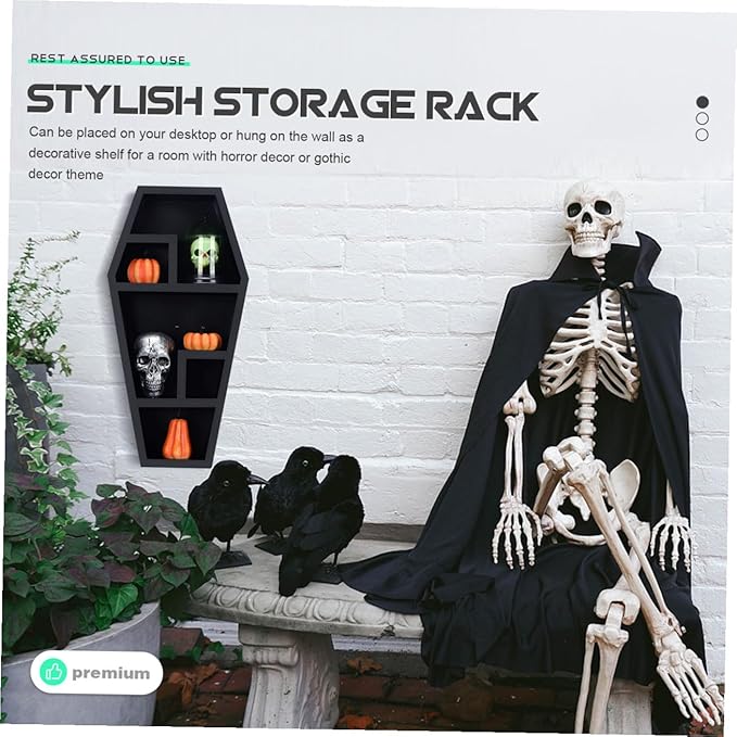 Halloween Gothic Coffin Storage Rack Unique Horror Organizer for Home Decor Decorative Shelf for Candles Books and Collectibles for Goth Decor Enthusiasts