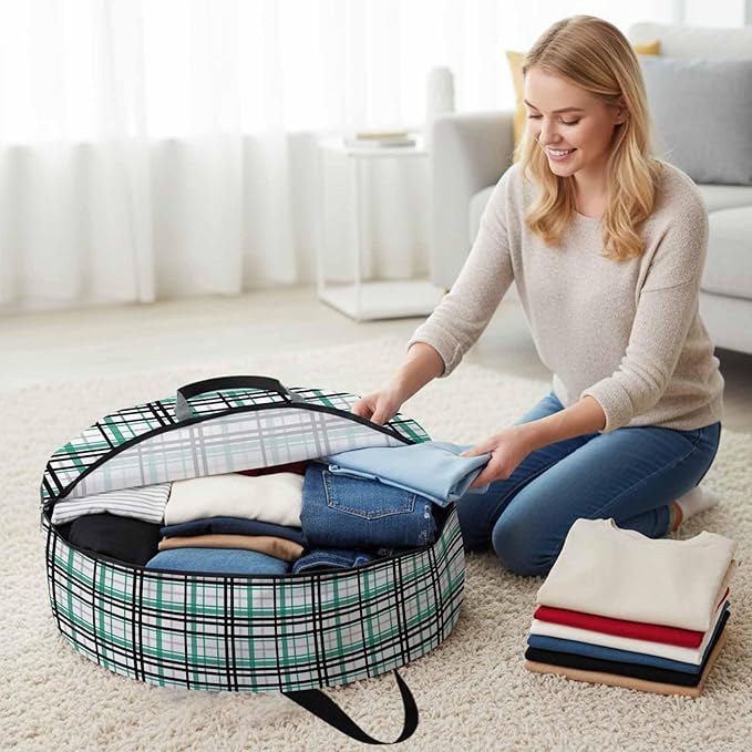 Storage Bag Green Buffalo Plaid Round Storage Totes Bins Closet Organizers with Zippers & Handle Black Check Stripe Clothes Storage Container for Bedroom Dorm Space Saving Packing Supplies Moving Bags