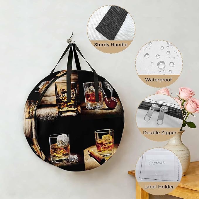 Storage Bag Whisky Glass Round Storage Totes Bins Closet Organizers with Zippers & Handle Wine Old Fashioned Wood Grain Clothes Storage Container for Bedroom Dorm Space Saving Packing Supplies Bags