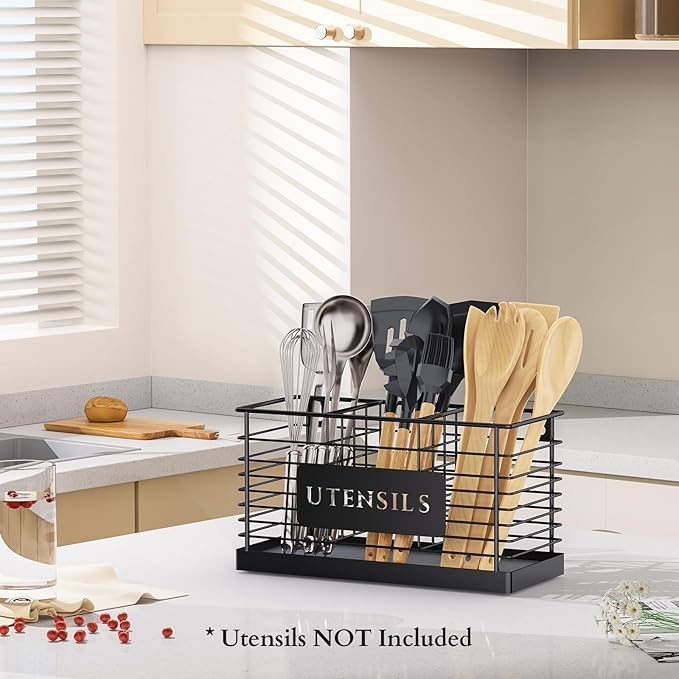 THYGIFTREE Utensil Holder for Kitchen Counter with Diatomaceous Earth Base, Large Black Metal Cooking Tool Organizer with 3 Compartments, Countertop Utensil Holder for Spatula and Kitchen Utensils