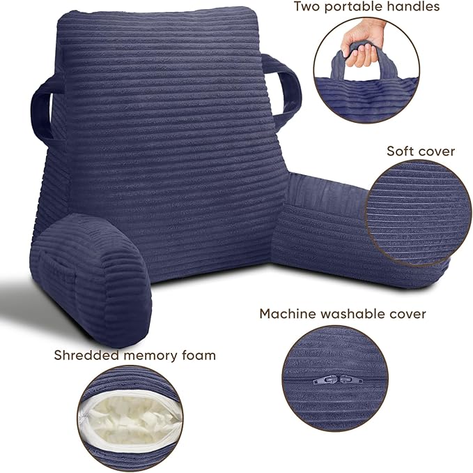 Reading Pillow for Sitting in Bed Adult, Bed Reading Pillow with Shredded Memory Foam, Back Pillow for Sitting with Arms and Pockets, Deepblue