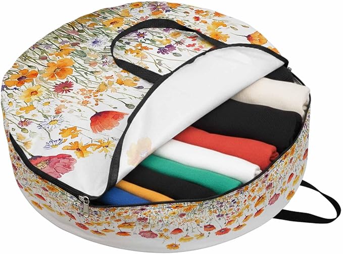 Yellow Orange Poppy Round Storage Bag 24 Inch, Watercolor Flower Spring Summer Floral Clothes Storage Container with Handles Heavy Duty Organizer for Comforter, Bedding & Holiday Wreaths