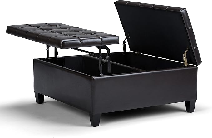SIMPLIHOME Harrison Coffee Table Storage Ottoman - 36 inch Wide Upholstered Vegan Leather Square Lift-Top Ottoman in Tanners Brown, Transitional Ottoman for Living Room with Hidden Storage