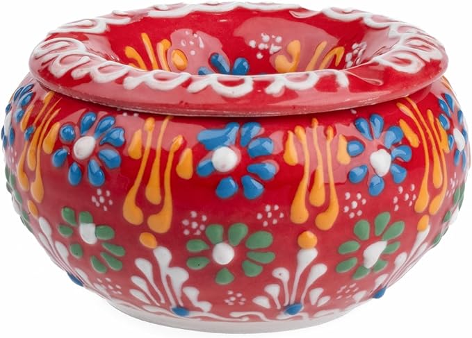 Decorative Ceramic Jar-Colorful Decorative Jar with Lid-Handmade Small Decorative Jar-Windproof Unique Jars-Turkish Home Decor (Red)