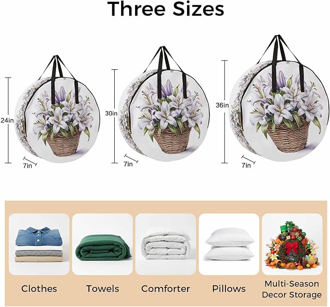 Spring Lily Round Storage Bag 30 Inch, Retro Flowers Basket Clothes Storage Container with Handles Heavy Duty Organizer for Comforter, Bedding & Holiday Wreaths