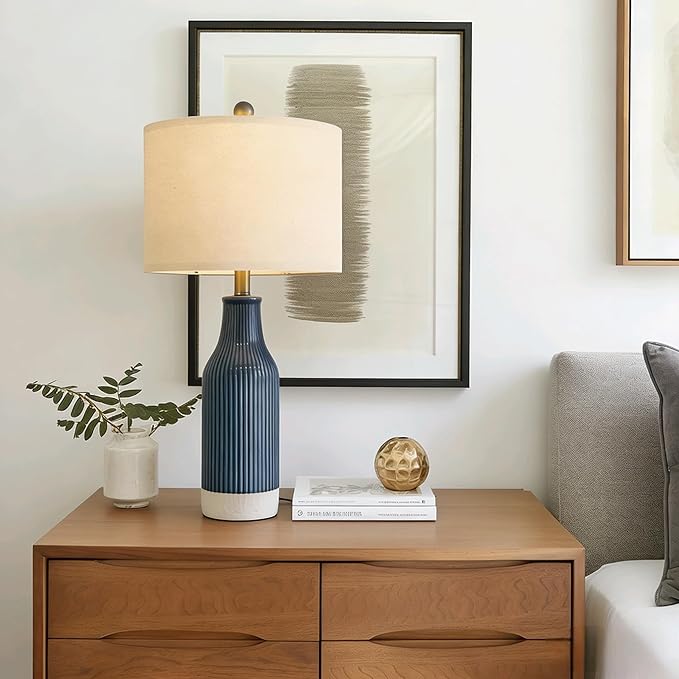 USumkky 23.75inch Blue Modern Ceramic Bedside Lamp Set of 2 with 5FT Cord for Bedroom Decor Farmhouse Table Lamp for Living Room Office Dorm