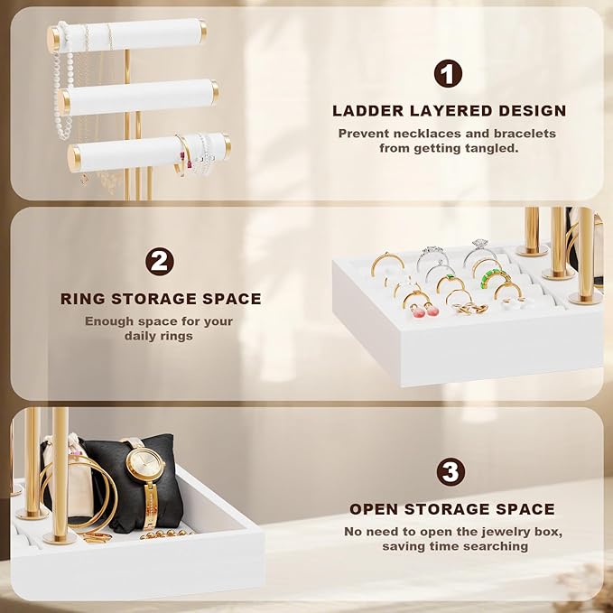 Abiglifty 3 Tier Necklace Holder Display, Jewelry Organizer, Jewelry Stand, Bracelet Display, Necklace Organizer, Bracelet holder, Jewelry Display for Necklace, Watches, Rings, white