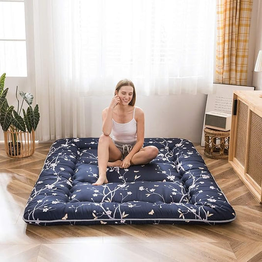 MAXYOYO Navy Floral Printed Japanese Floor Mattress Rustic Style Futon Mattress Foldable Roll Up Camping Lounger Couches and Sofas Mattress Topper Twin Size