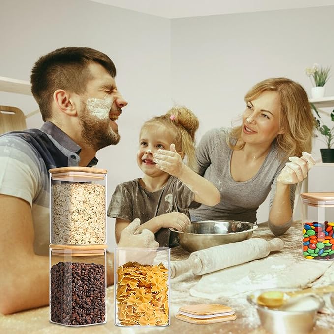 VIEWELLD 1.2 Qt Square Glass Storage Containers with Lids, glass jar with airtight lid, Glass Canister for Pantry Cookie Cereal Rice Sugar Tea Coffee Beans Spice, Square Set of 4