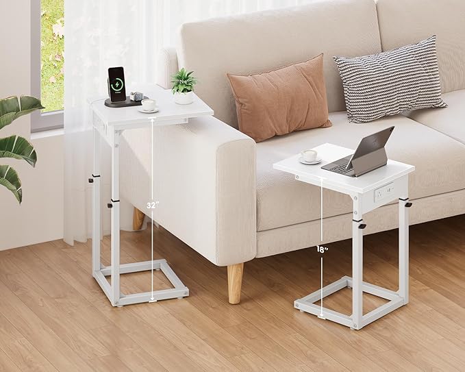 Vagusicc C Shaped End Table with Charging Station, C Table End Table Adjustable Height Sofa Table, Side Table for Couch, Couch Table That Slide Under, TV Tray Arm Table for Living Room,Bedroom, White