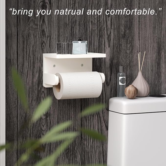 VERTORGAN 2 Pack Toilet Paper Holder with Phone Shelf,Bamboo Wall Mounted Tissue Roll Holder for Bathroom (White)