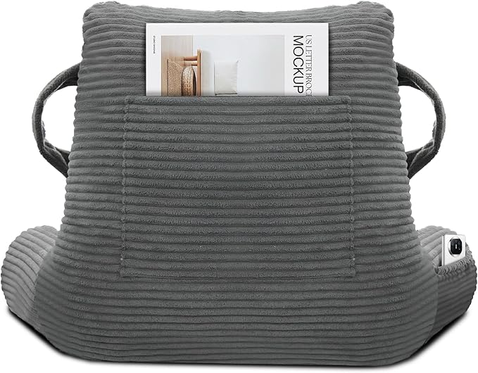 Reading Pillow for Sitting in Bed Adult, Bed Reading Pillow with Shredded Memory Foam, Back Pillow for Sitting with Arms and Pockets, Gery