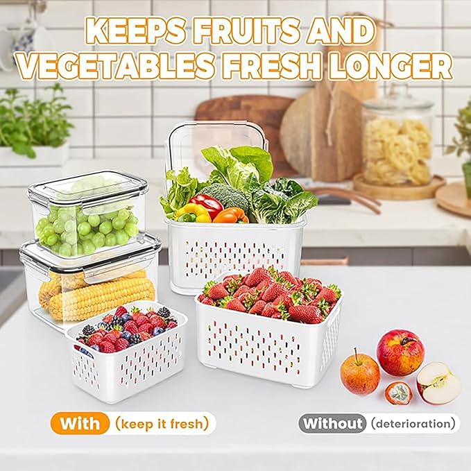 3Pcs Fruit Containers for Fridge with Removable Colanders and Lids, Airtight Storage Container to Keep Fruits, Vegetables, Berry, Meat Fresh Longer, Dishwasher & Microwave Safe